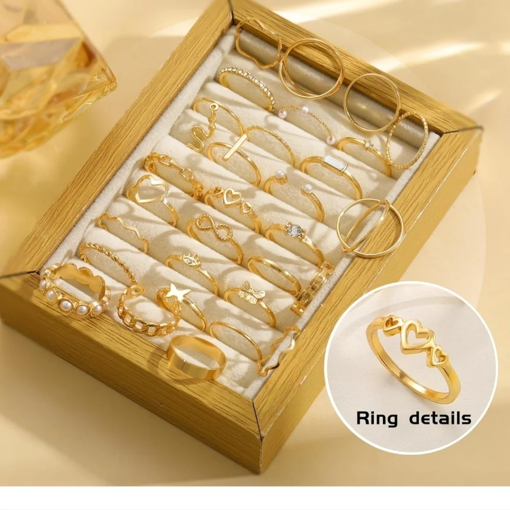 Gold Multi-Stack Midi & Knuckle Ring Set - Women's Jewelry 30 Pc